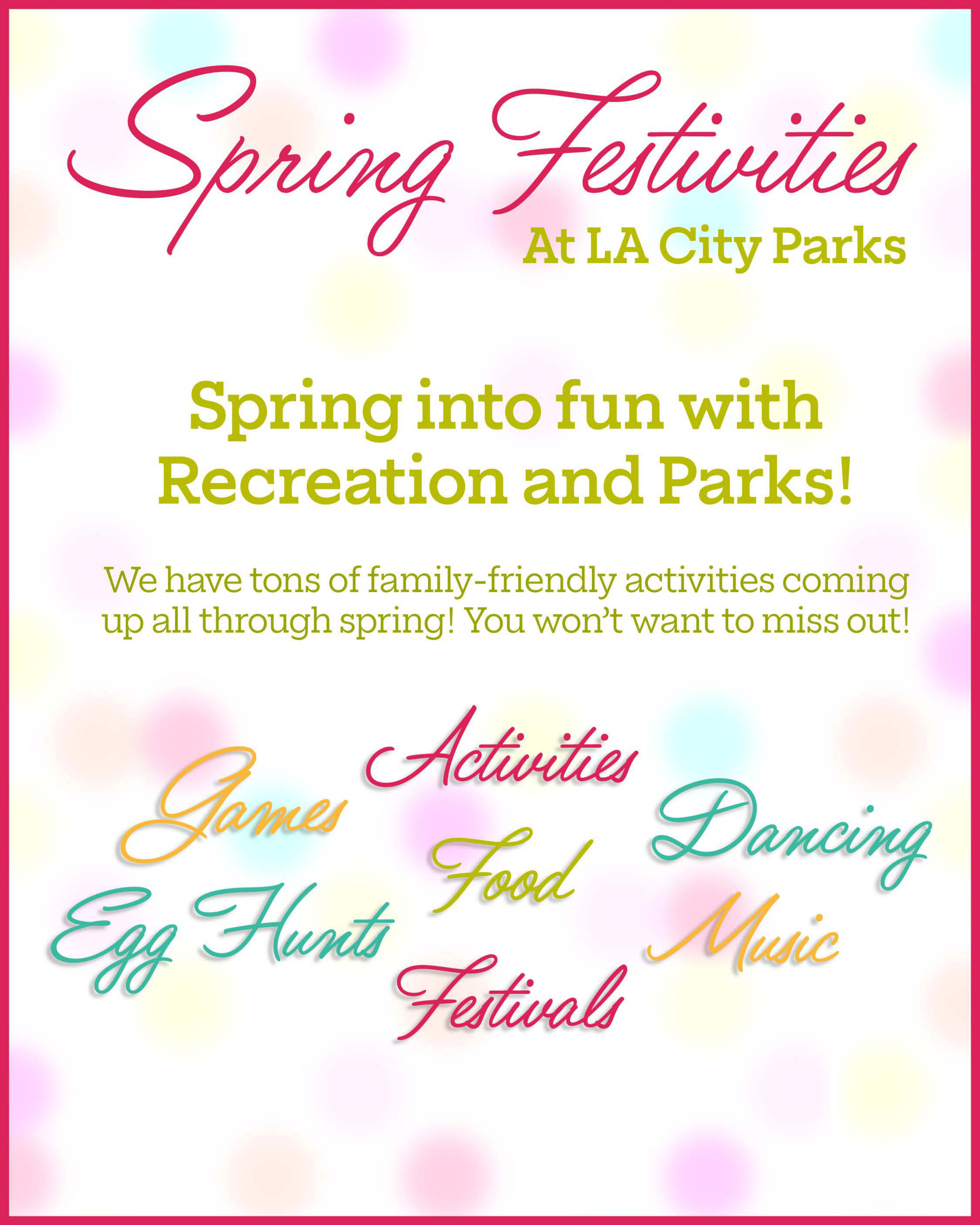 A vibrant pink-bordered poster announces 